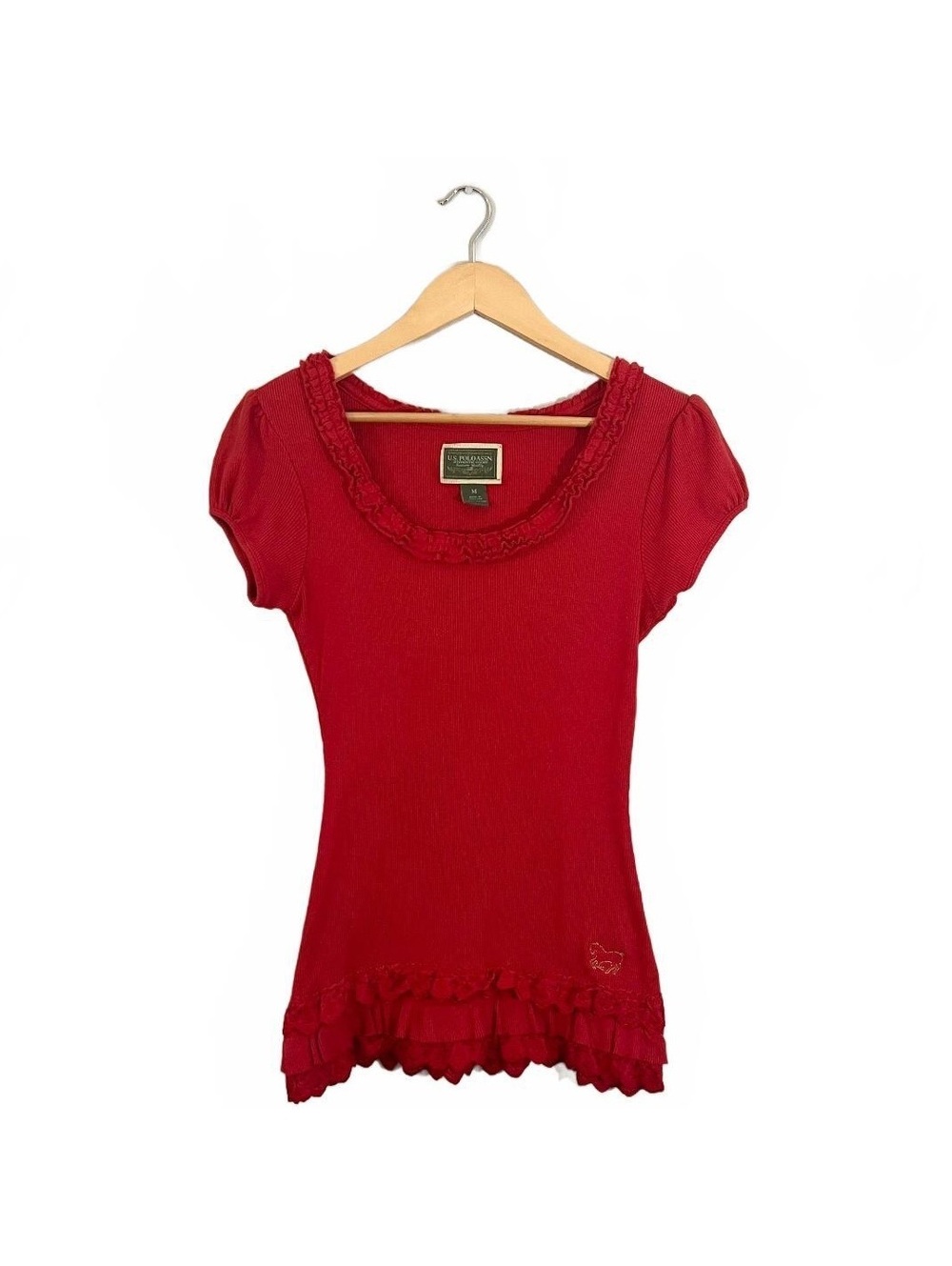 Y2K Red Fitted Ruffle Trim Puff Sleeve Top 2000’s Fall
